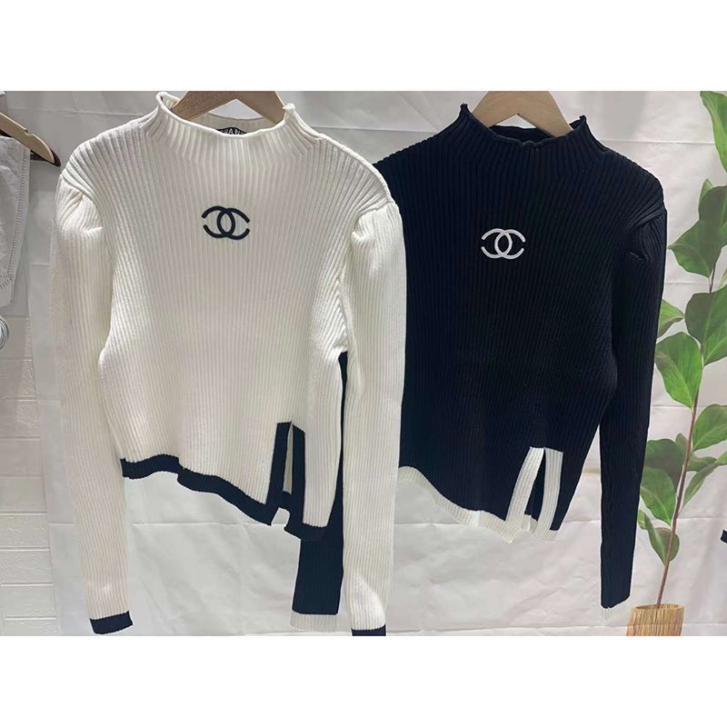 Replica Designer Chanel Women Hem Split Pullover Long-Sleeved Color-Blocking Sweater