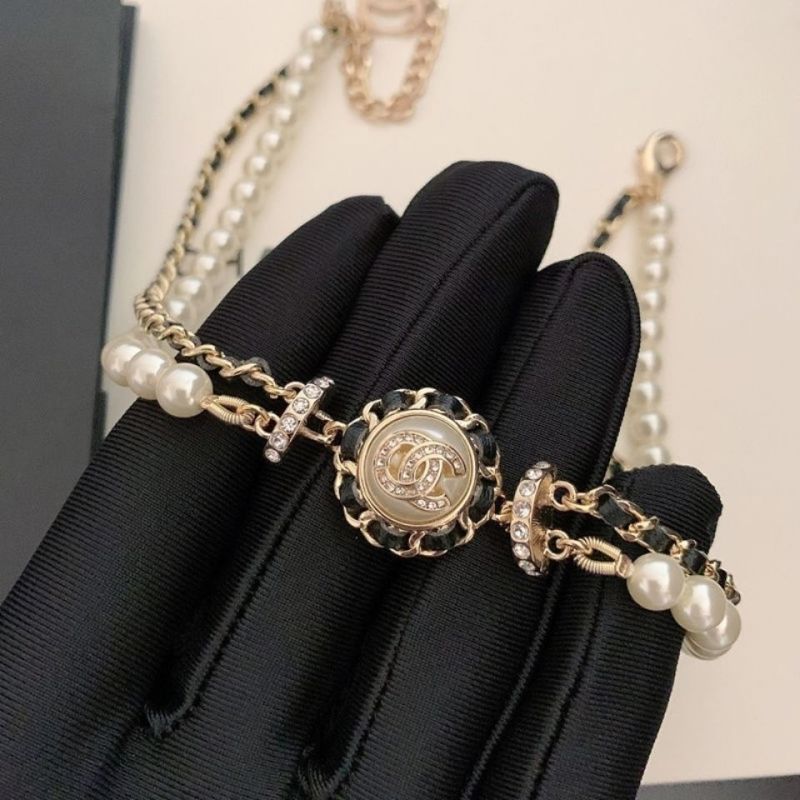 Replica Designer Chanel Women Leather Pearl Rhinestones Chain Necklaces
