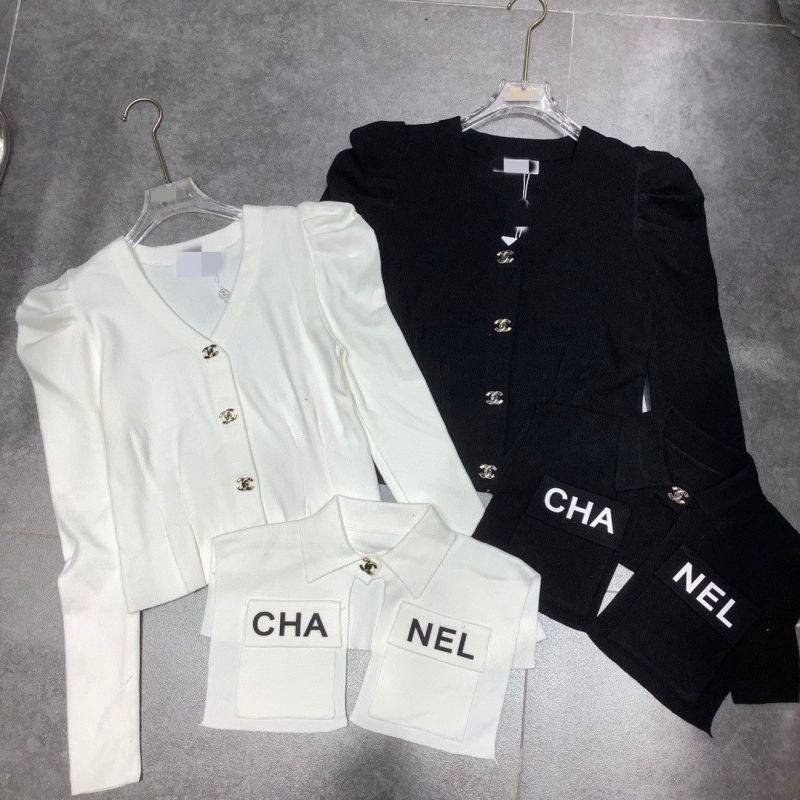 Replica Designer Chanel Women Letters Polo Collar Long-Sleeved Knitted Sweater Two-Piece Set