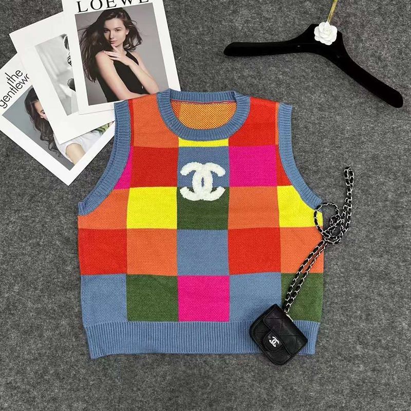 Replica Designer Chanel Women Rainbow Check Round Neck Sleeveless Knitted Vest