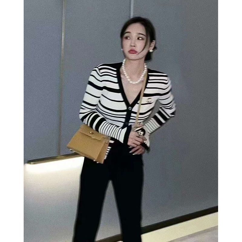 Replica Designer Chanel Women Stripe Long-Sleeved V-Neck Thin Knitted Cardigan