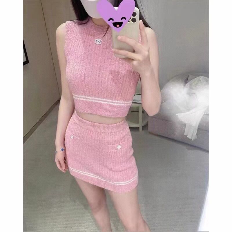 Replica Designer Chanel Women Temperament Sleeveless Vest And Skirt Knitted Set