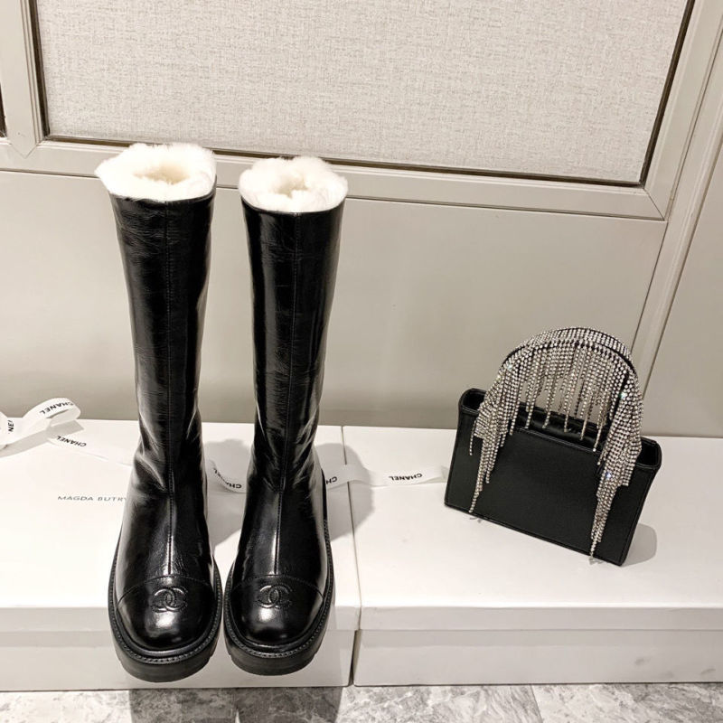 Replica Designer Chanel Women Velvet Thick Heel High Fur Boots