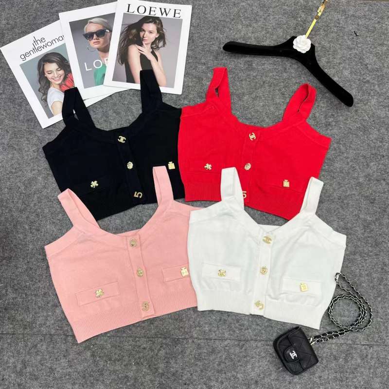 Replica Designer Chanel Women White Metal Buckle Sleeveless Sweater