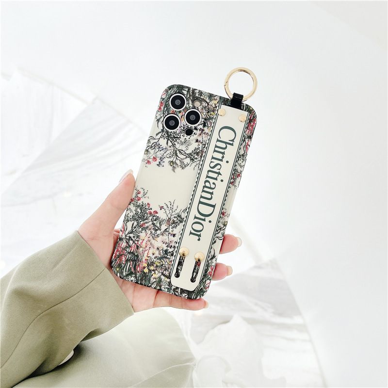 Replica Designer Dior Fashion Floral Painted Wrist Strap Shockproof Phone Case
