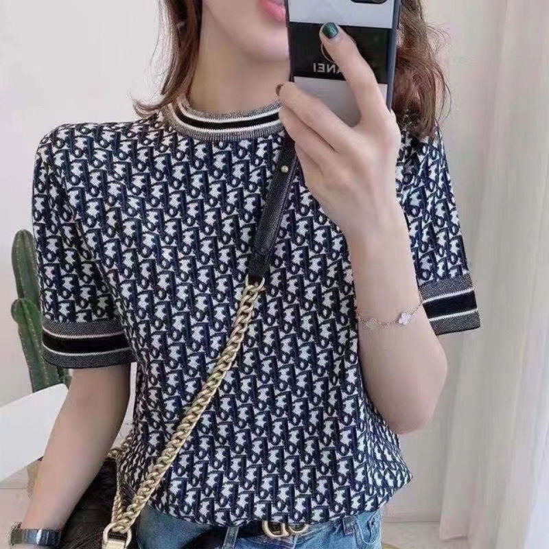 Replica Designer Dior Fashion Letter Jacquard Short Sleeve Knit Top