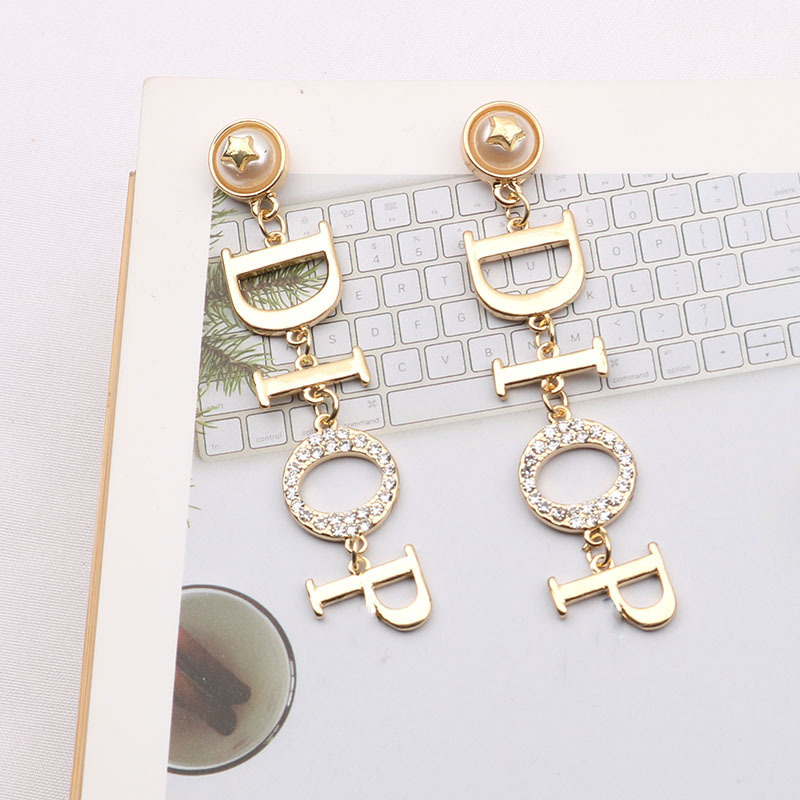 Replica Designer Dior Fashion Rhinestone Letter Tassel Stud Earrings