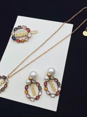 Replica Designer Dior Trendy Multicolor Rhinestone Letter Necklace And Stud Earrings