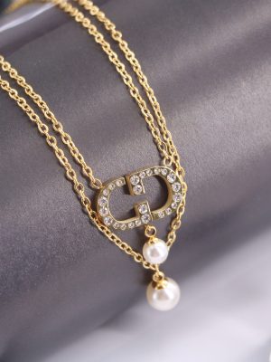 Replica Designer Dior Trendy Rhinestone Alphabet Imitation Pearl Double Necklace And Bracelet