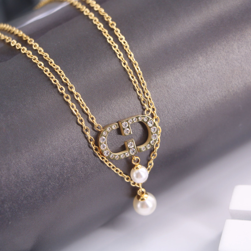Replica Designer Dior Trendy Rhinestone Alphabet Imitation Pearl Double Necklace And Bracelet