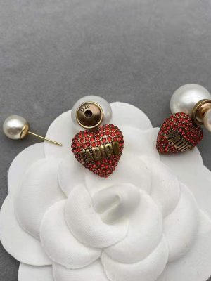 Replica Designer Dior Vintage Rhinestone Heart Letter Imitation Pearl Stud Earrings