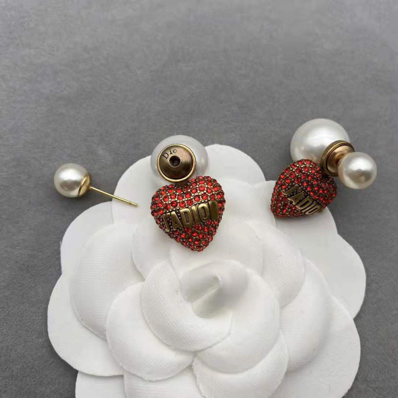 Replica Designer Dior Vintage Rhinestone Heart Letter Imitation Pearl Stud Earrings