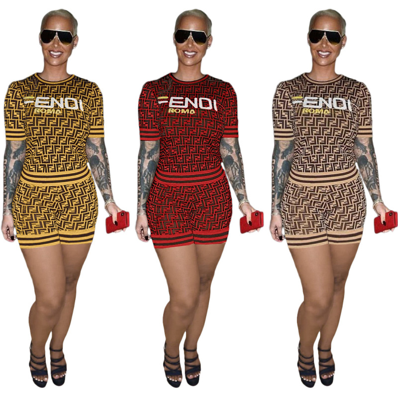 Replica Designer FENDI Women Casual Short Letter Print Casual Two-Piece Set