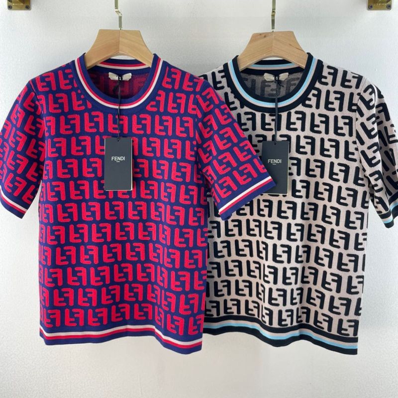 Replica Designer FENDI Women Classic Retro FF Letter Jacquard Knitted Short Sleeve Top