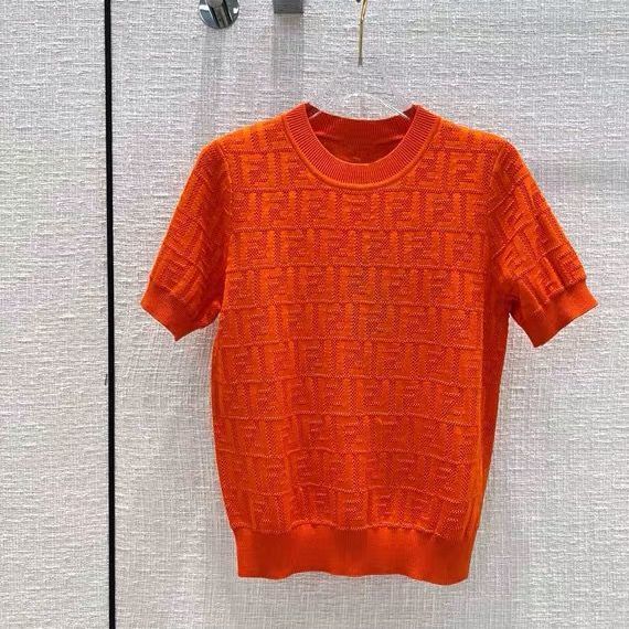 Replica Designer FENDI Women F Letter Knitted Round Neck Short-Sleeved Top