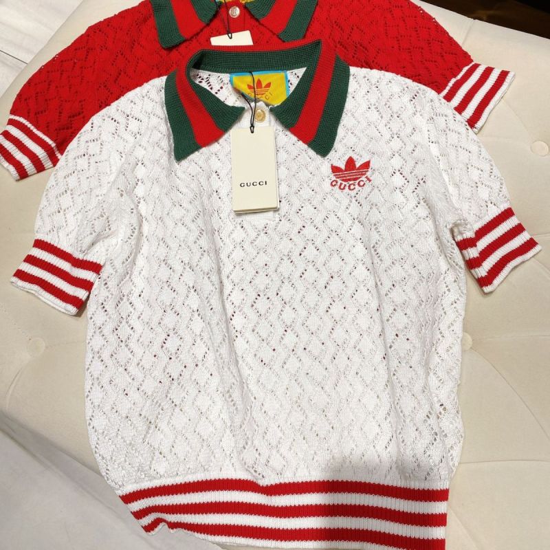Réplica Diseñador GUCCI Adidas Mujeres Tendencia Hueco Letra Bordado Solapa Top de punto de manga corta