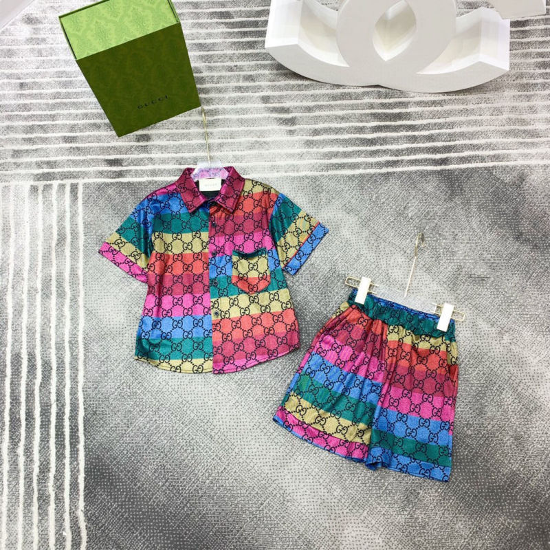 Replica Designer Gucci Fashion Kis Boys Girls G Full Printed Letters Polo Lapel Shirt Two Piece Set