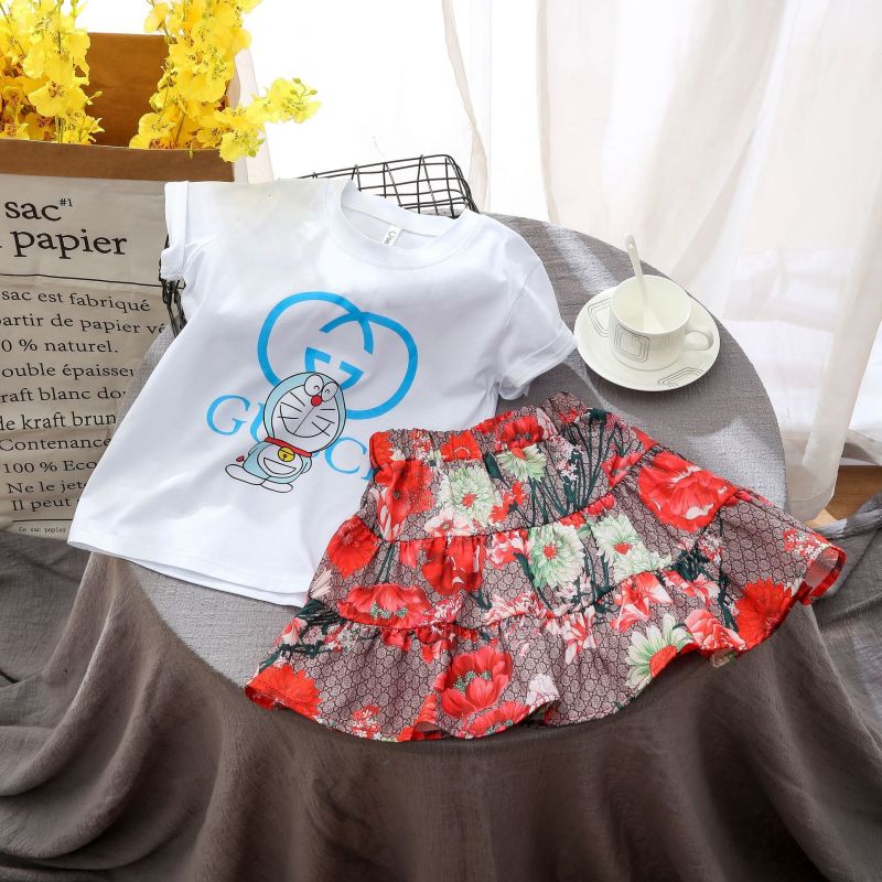 Replica Designer Gucci Kids Girl Short Sleeves White T-Shirt And Skirt 2pcs Set