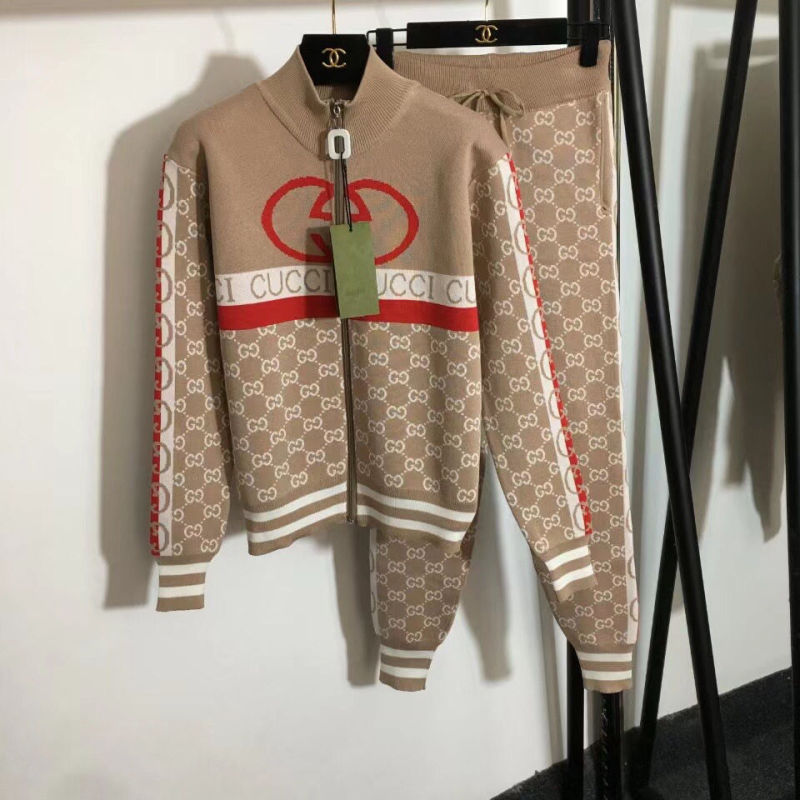 Replica Designer Gucci Knitted Letter Stand-Up Collar Long-Sleeved Zipper Cardigan Jacket And Pants 2pcs Set