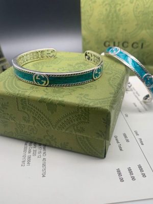 Replica Designer Gucci Retro Letter G Interlocking Green Enamel Open Multicolor Bracelet