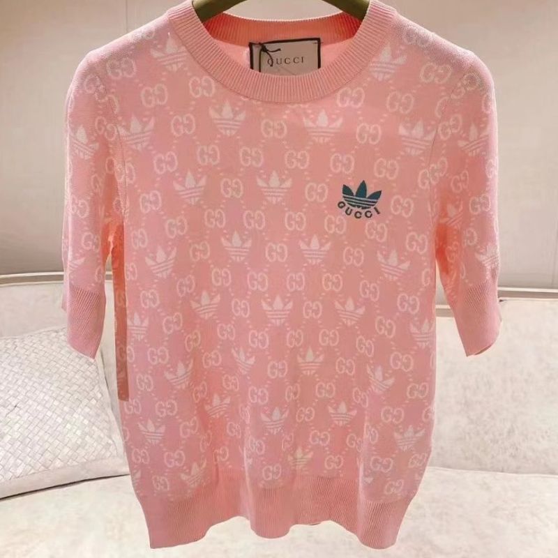 Replica Designer Gucci Women Full-Print Embroidered Knitted Short-Sleeved Top