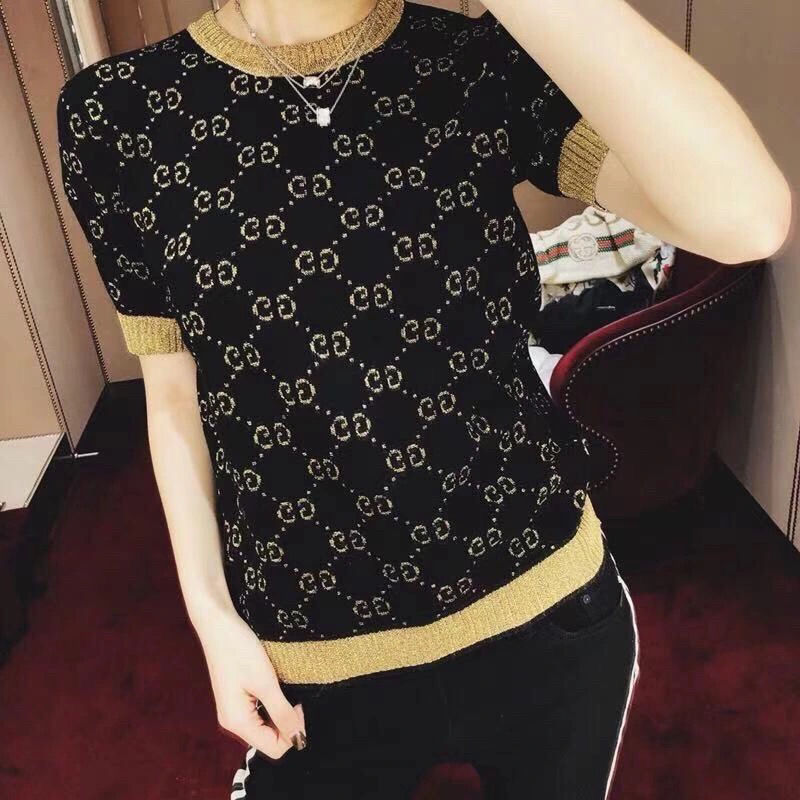 Replica Designer Gucci Women GG Letter Jacquard Short-Sleeved Fashion Knitted Top