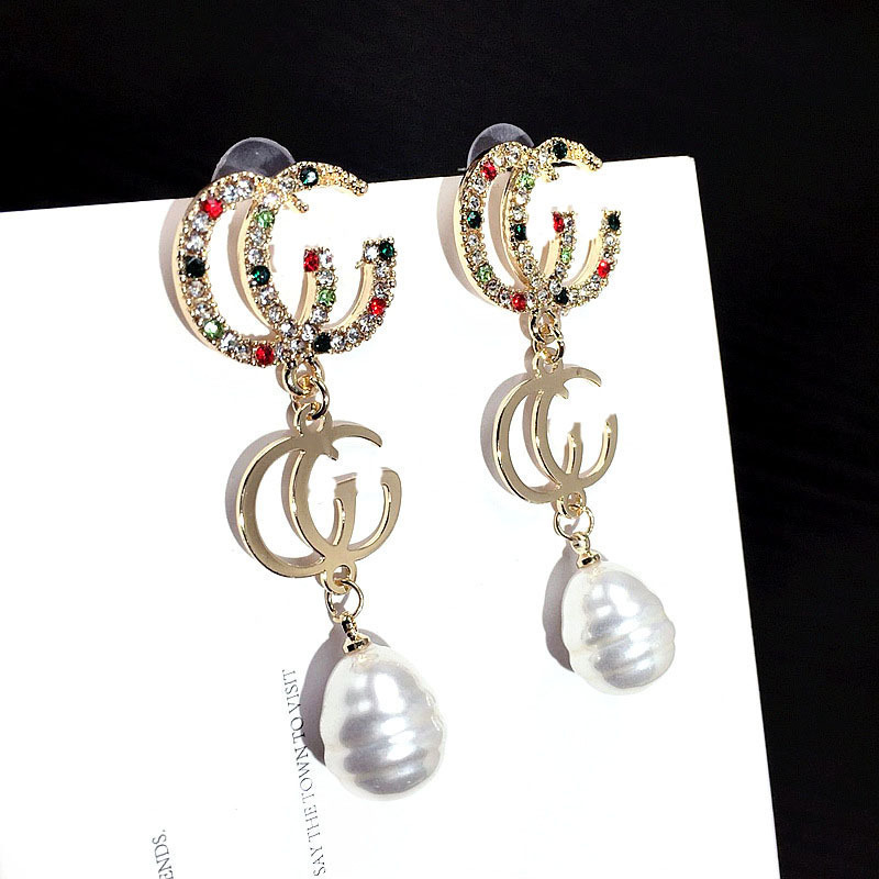 Replica Designer Gucci Women Letter Personality Full Diamond Pearl Earrings