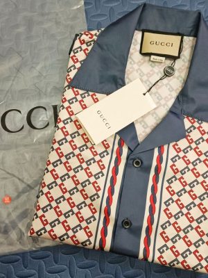 Replica Designer Gucci Women Men Letter Hit Color Trend Casual Fashion Lapel Button Loose Short-Sleeved Shirt