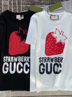 Replica Designer Gucci Women Men Strawberry Princess Cotton Round Neck Short-Sleeved T-Shirt
