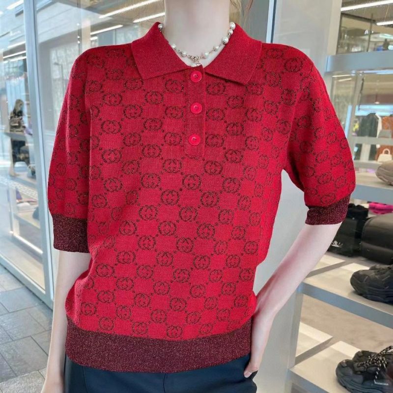 Replica Designer Gucci Women Polo Collar Knitted Gold Short-Sleeved Top