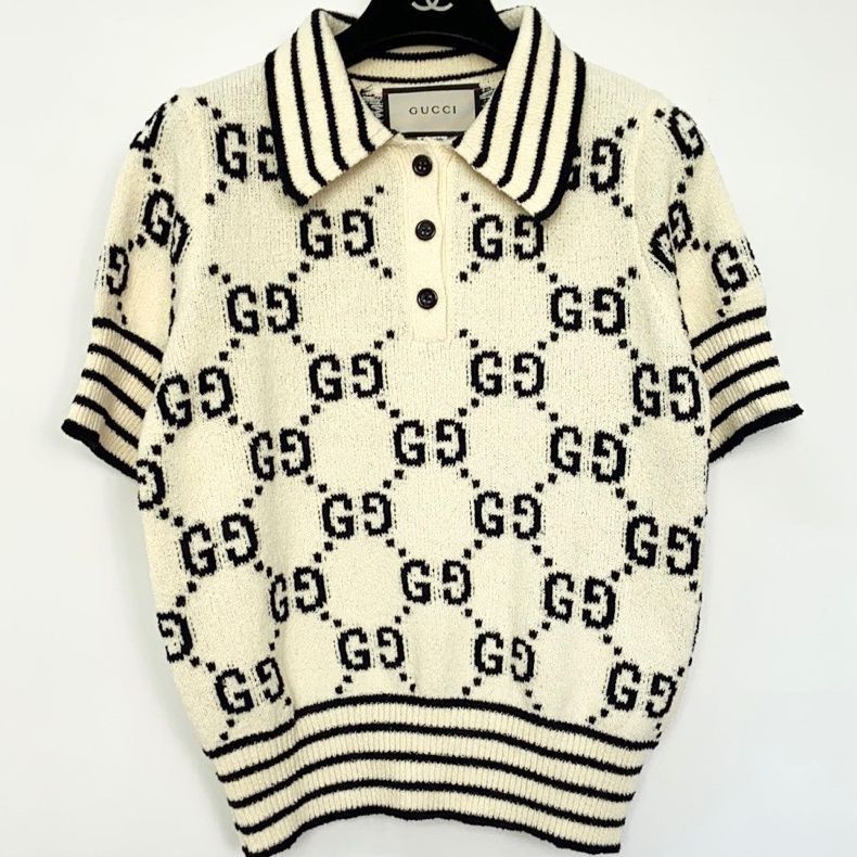 Replica Designer Gucci Women Polo Lapel Button G Old Flower Short-Sleeved Knitted Pullover Top