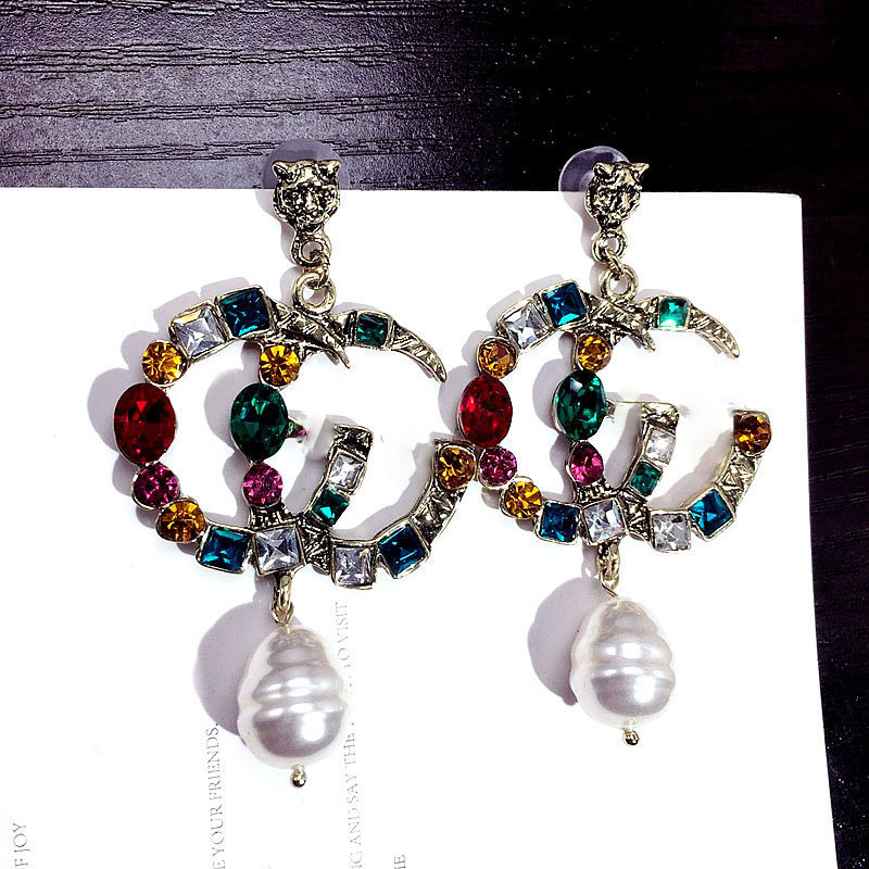 Replica Designer Gucci Women Retro Multicolor Crystal Exaggerated Letters Irregular Earrings