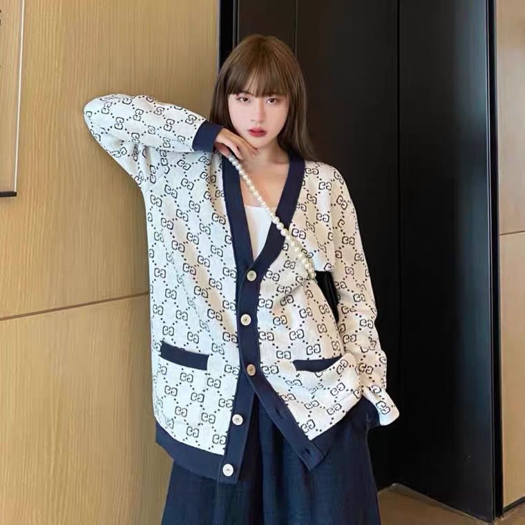 Replica Designer Gucci Women Sweater Temperament Letter Logo Jacquard Temperament V-Neck Thin Knitted Cardigan Top