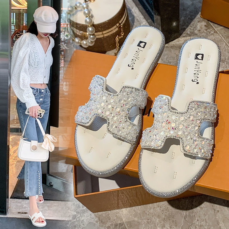Replica Designer Hermes Women Fashion Rhinestone Flat Slippers