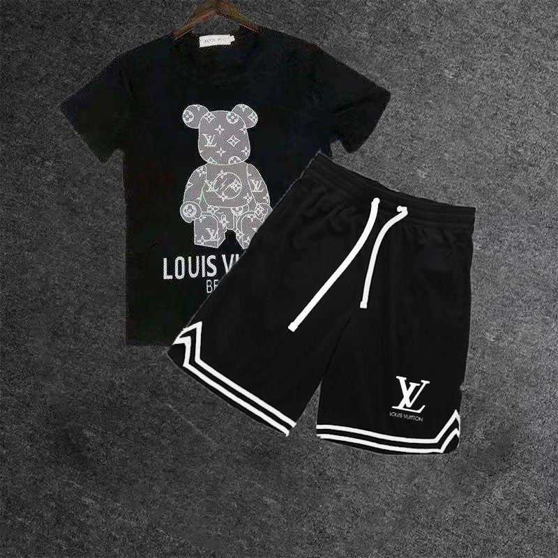 Replica Designer Louis Vuitton Fashion Bear Print Short Sleeve T-Shirt + Sports Shorts Two-Piece Set