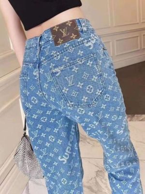 Replica Designer Louis Vuitton Fashion Letter Print Blue High Waist Jeans
