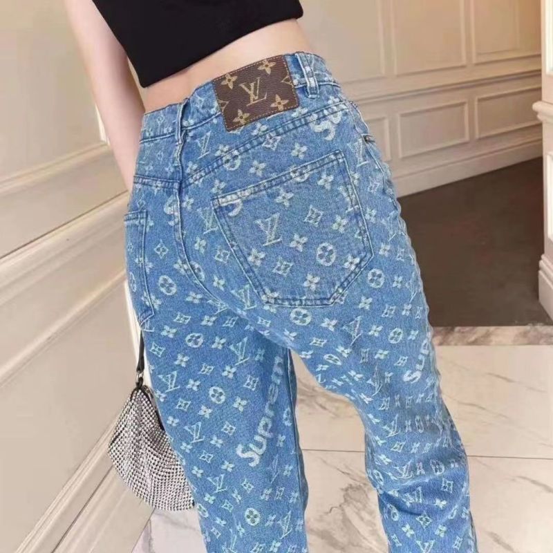 Replica Designer Louis Vuitton Fashion Letter Print Blue High Waist Jeans