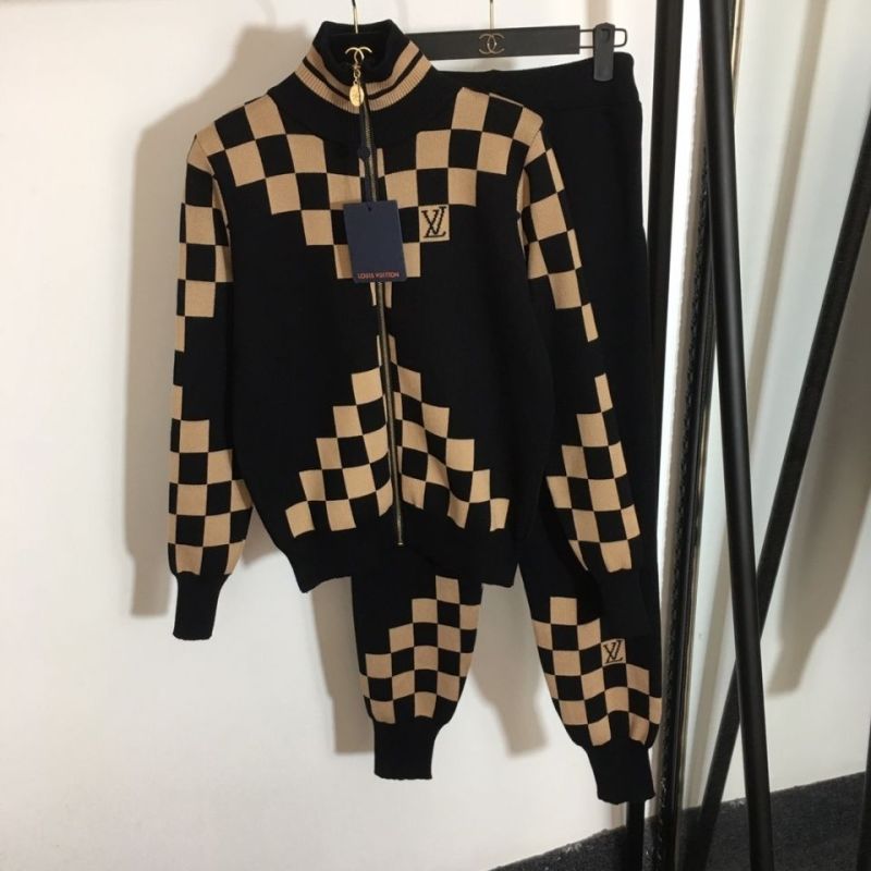 Replica Designer Louis Vuitton Women Fashion Check Stitching Knitted Top And Pants Suits