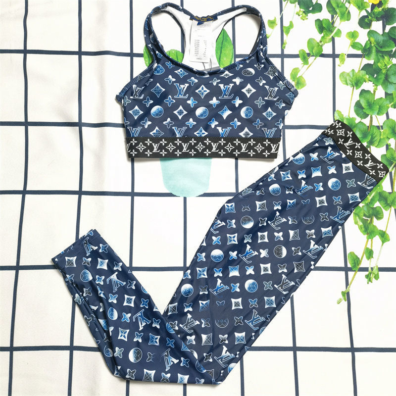 Replica Designer Louis Vuitton Women Fashion Geometric Printing Vest Yoga Trousers Two Piece Set
