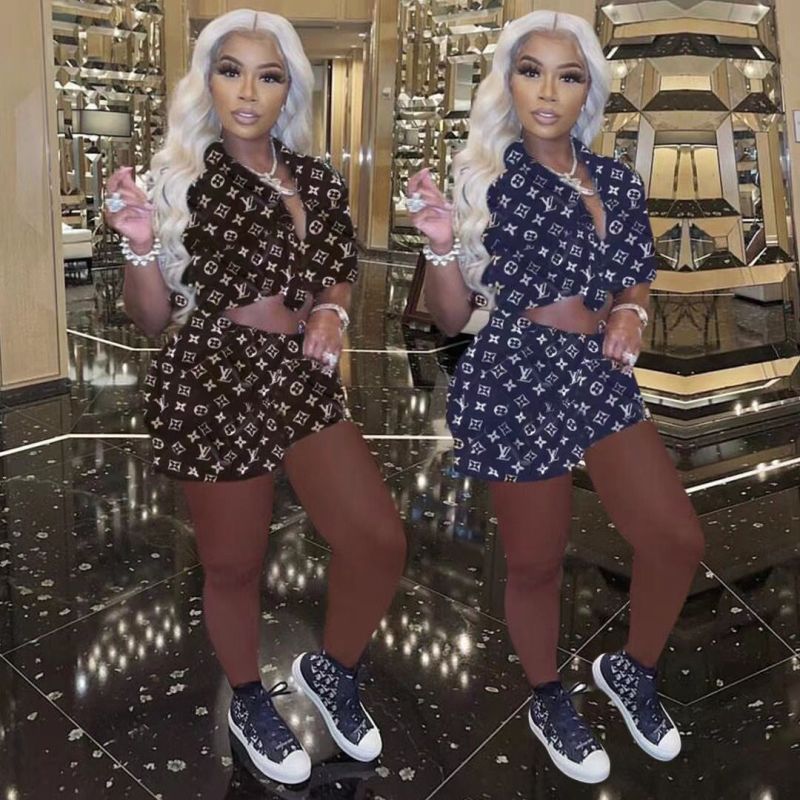 Replica Designer Louis Vuitton Women Fashion Summer Casual Printing Short Sleeve Shorts Two-Piece Suit
