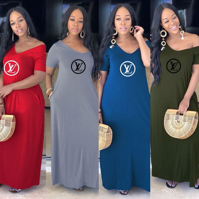 Replica Designer Louis Vuitton Women Sexy Solid Color Printing Wide-Neck Dress