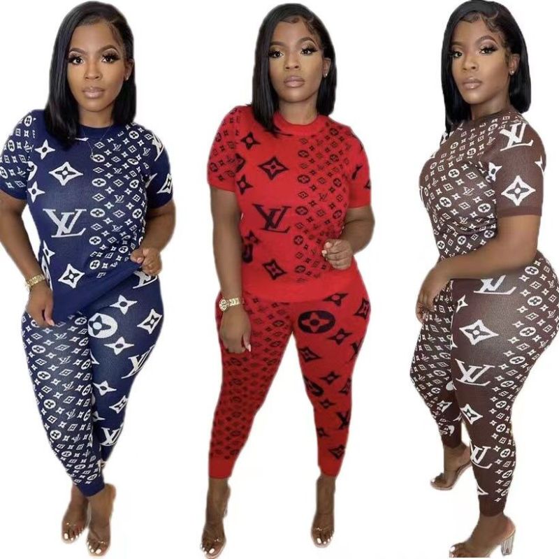 Replica Designer Louis Vuitton Women Slim Fashion Printing Casual T-Shirt Long Pants Two-Piece Set