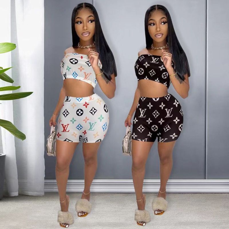Replica Designer Louis Vuitton Women Solid Color Printing Wrap Top And Shorts Two-Piece Set
