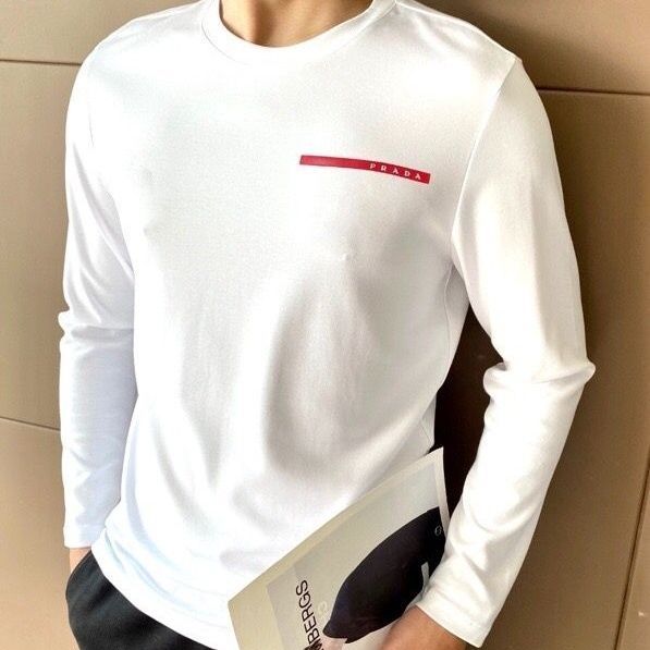 Replica Designer Prada Men Fashion Mercerized Cotton Long-Sleeved Round Neck Casual T-Shirt