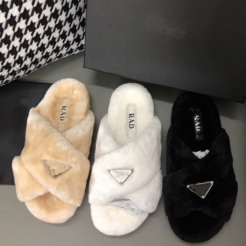 Replica Designer Prada Rabbit Plush Drag Autumn Outer Wear Thick Flat Bottom Cross Slippers