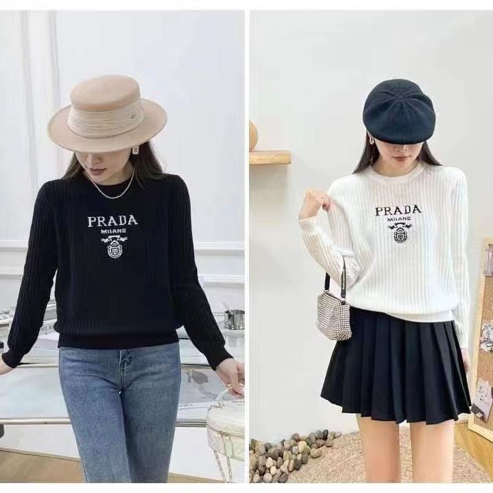 Replica Designer Prada Women Letter Embroidery Round Neck Long-Sleeved Sweater