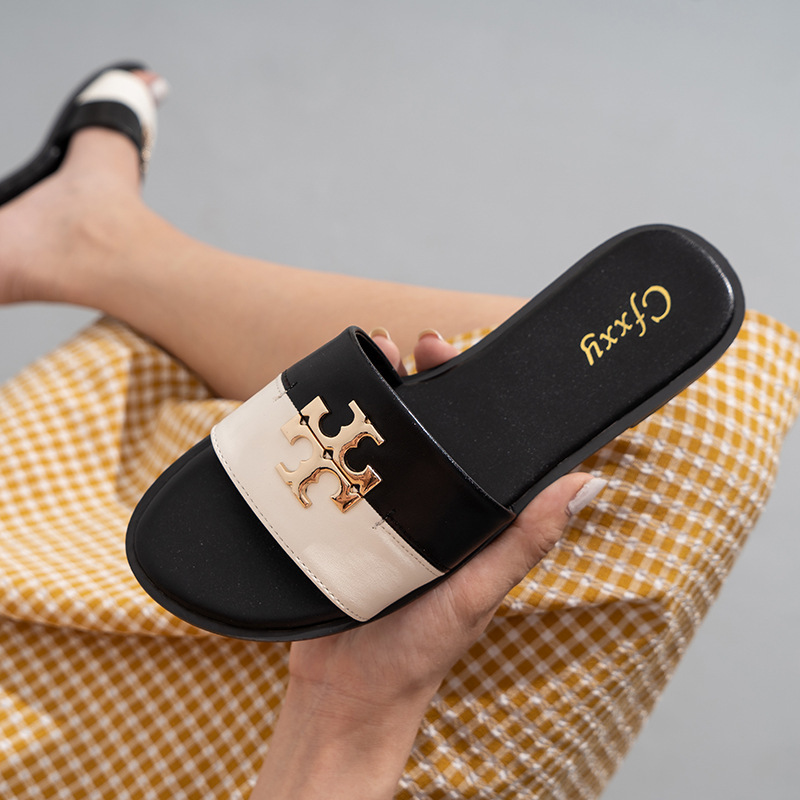Replica Designer Tory Burch PU Color Blocking Flat Slippers